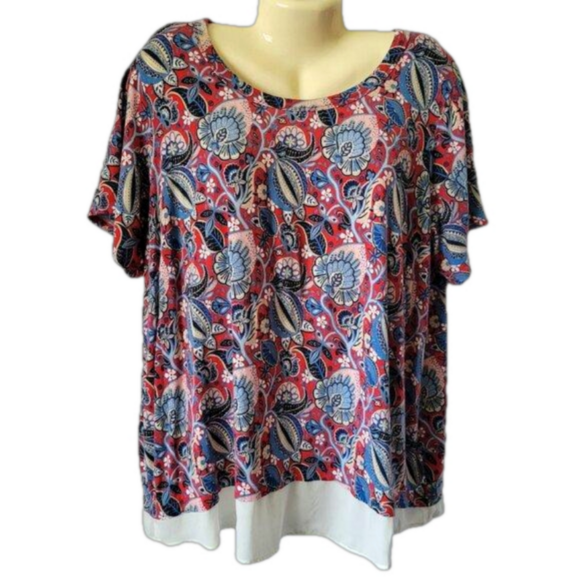 Rose + Olive Women's 2X Plus Top short sleeve mock layer Rayon Spandex floral - Picture 1 of 11